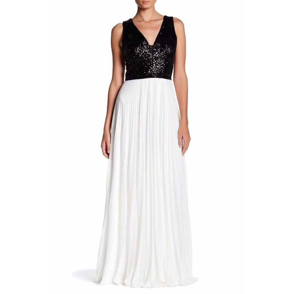 NWT Nicole Miller Black Ivory White Sequin Bodice Pleated Mesh Dress Gown 6